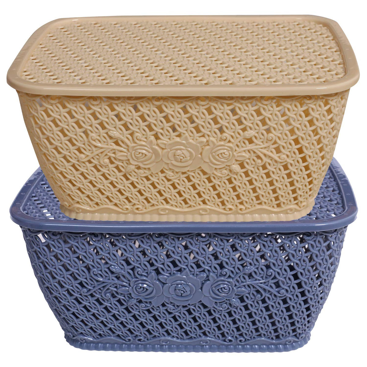 Kuber Industries Plastic 2 Pieces Medium Size Multipurpose Solitaire Storage Basket for Kitchen, Office, Bedroom, Bath Room with Lid (Grey & Cream) CTKTC034313