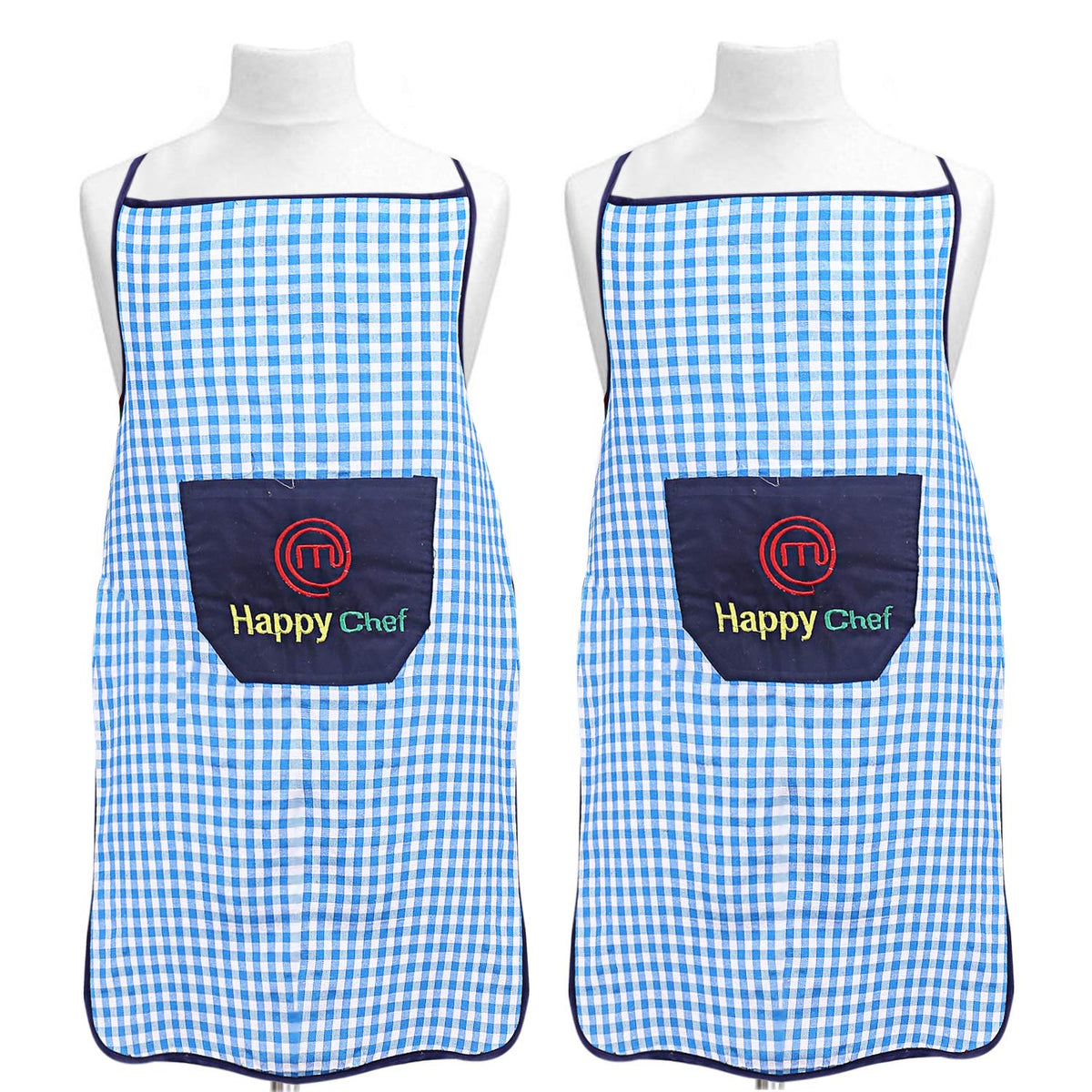 Kuber Industries Checkered Design Cotton 2 Pieces Waterproof Apron with Front Pocket (Blue), CTKTC13736