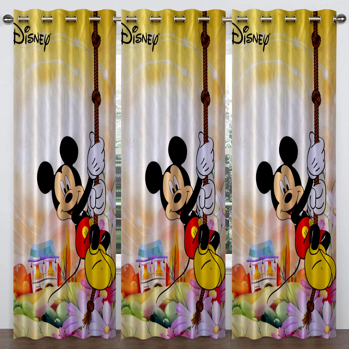 Kuber Industries Disney Mickey Print 3 Pieces Polyester Special Blackout Long Crush Eyelet Door Curtain 7 Feet (Yellow)-KUBERMART05, Standard