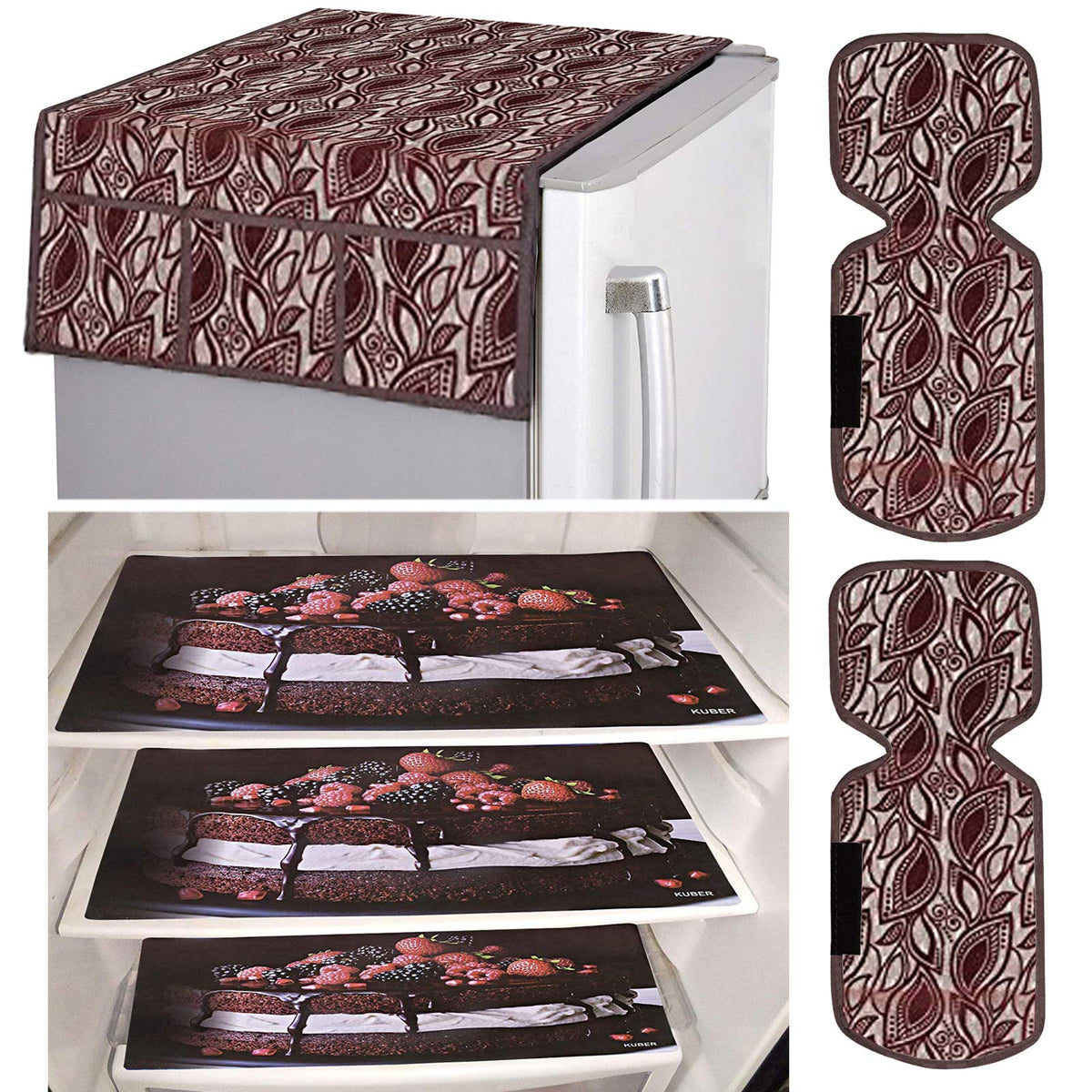 Kuber Industries Leaf Design Combo PVC 3 Pieces Fridge Mats, 2 Piece Handle Cover and 1 Piece Fridge Top Cover(Maroon)