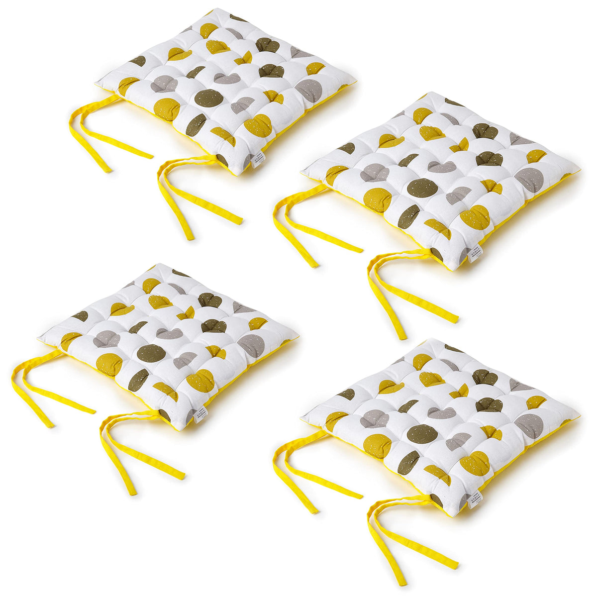 Encasa Homes 4 Pcs Decorative Chair Pads 40x40 cm - Yellow Moon - Cotton Square Seat Cushions with Micro-Fiber Filling with Ties, for Sitting, Dining Table, Office Chair