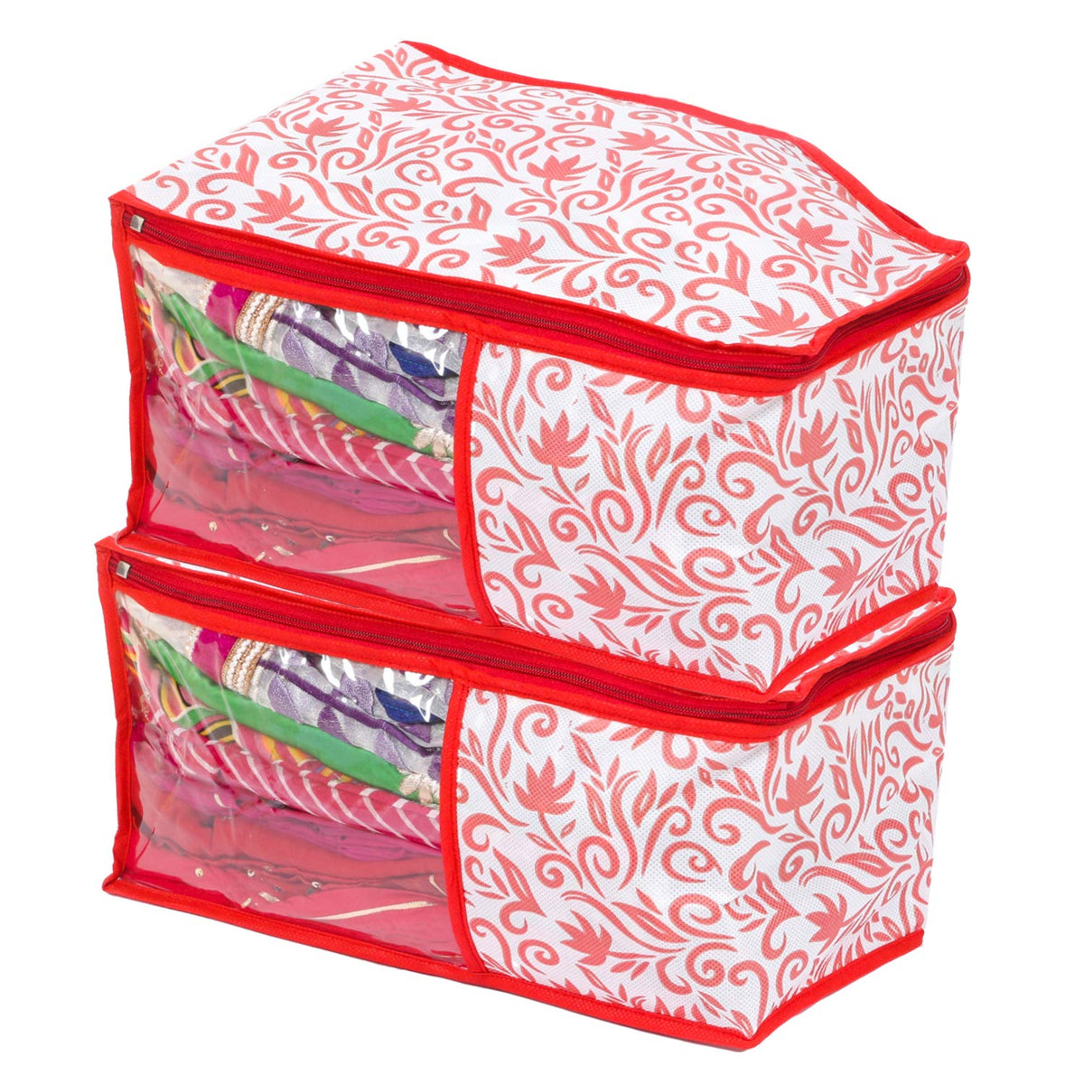 Kuber Industries Floral Design 2 Piece Non Woven Blouse Cover Set (Red & White) - CTKTC023187