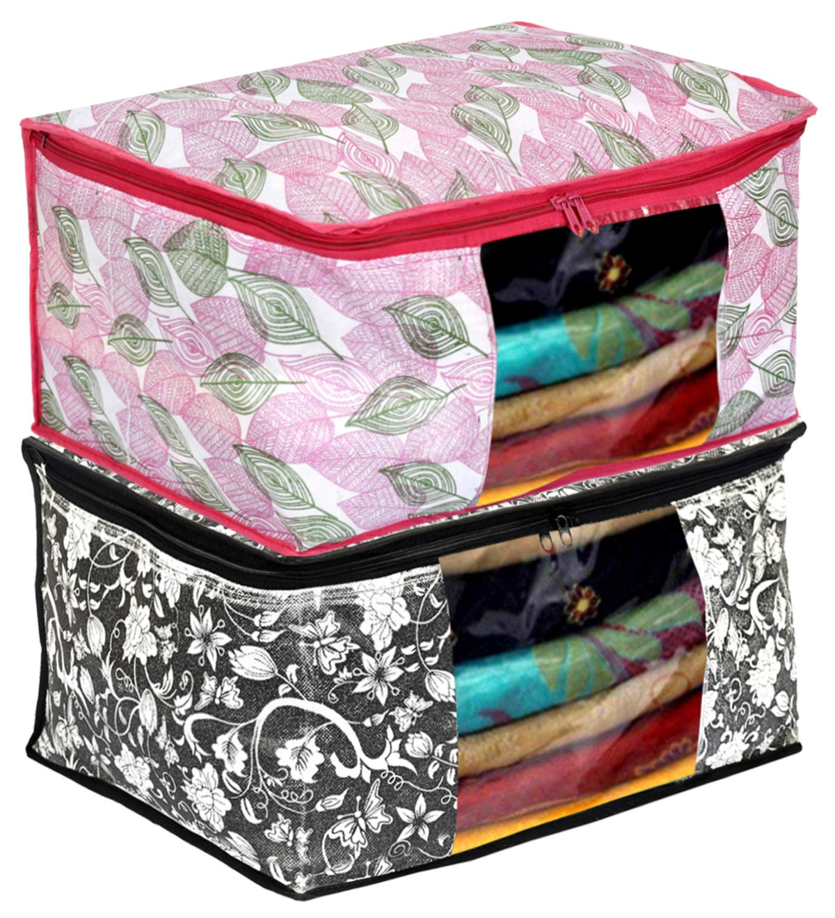 Kuber Industries Metalic Leafy,Flower Print 2 Piece Non Woven Fabric Saree Cover Set with Transparent Window, Extra Large (Black & Pink)-KUBMART16548