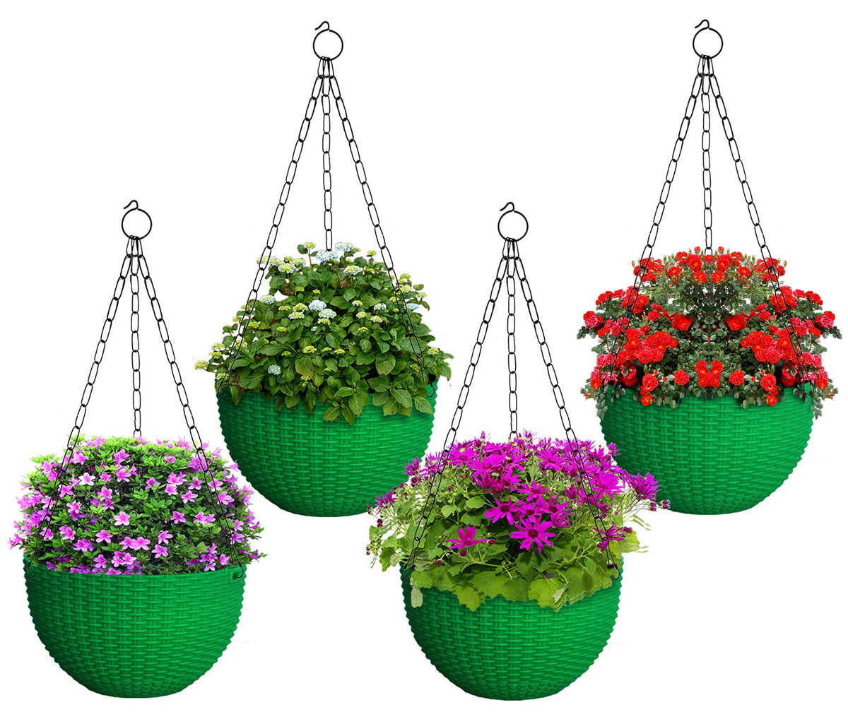 Kuber Industries Plastic Hanging Flower Pot for Balcony & Railing Set of 4 (Green) 53KM3816