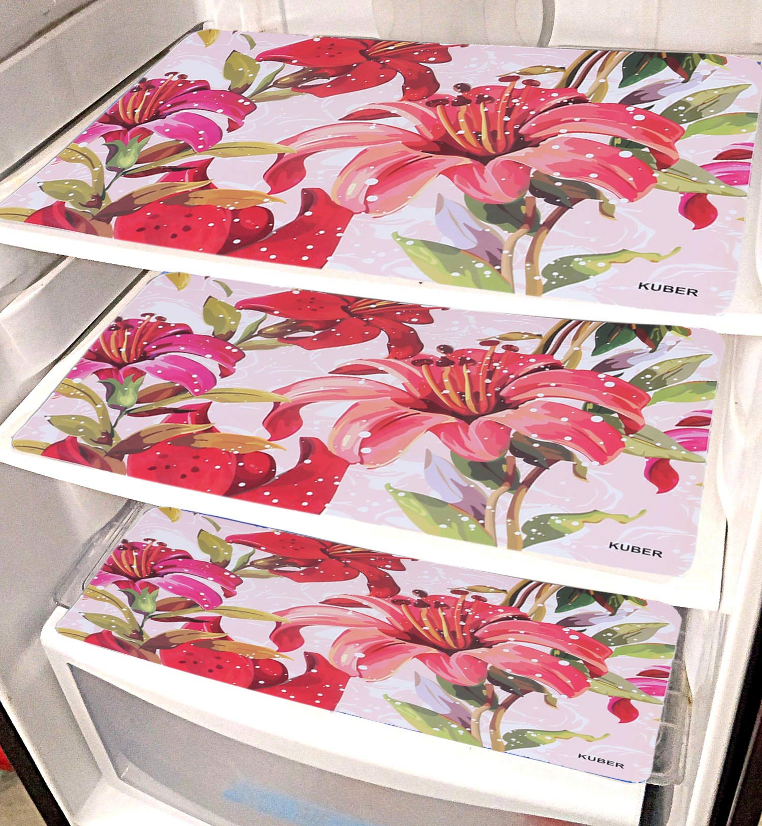 Kuber Industries Refrigerator Drawer Mat|Multipurpose & Trendy Pattern|Flower Design & Water Proof PVC Material,Pack Of 6 (Pink)-CTKTC13671, Polyvinyl Chloride