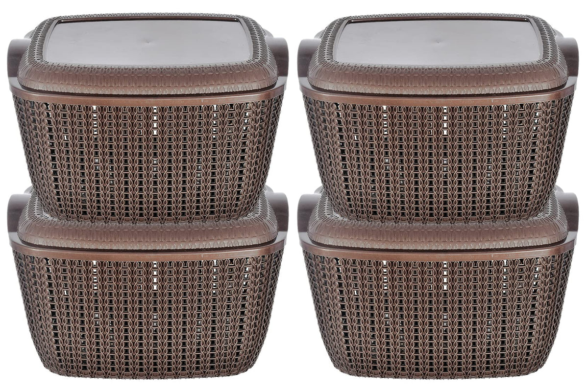 Kuber Industries Multipurposes Small M 25 Plastic Basket, Organizer For Kitchen, Countertops, Cabinets, Bathroom With Lids- Pack of 4 (Grey & Brown) -46KM052