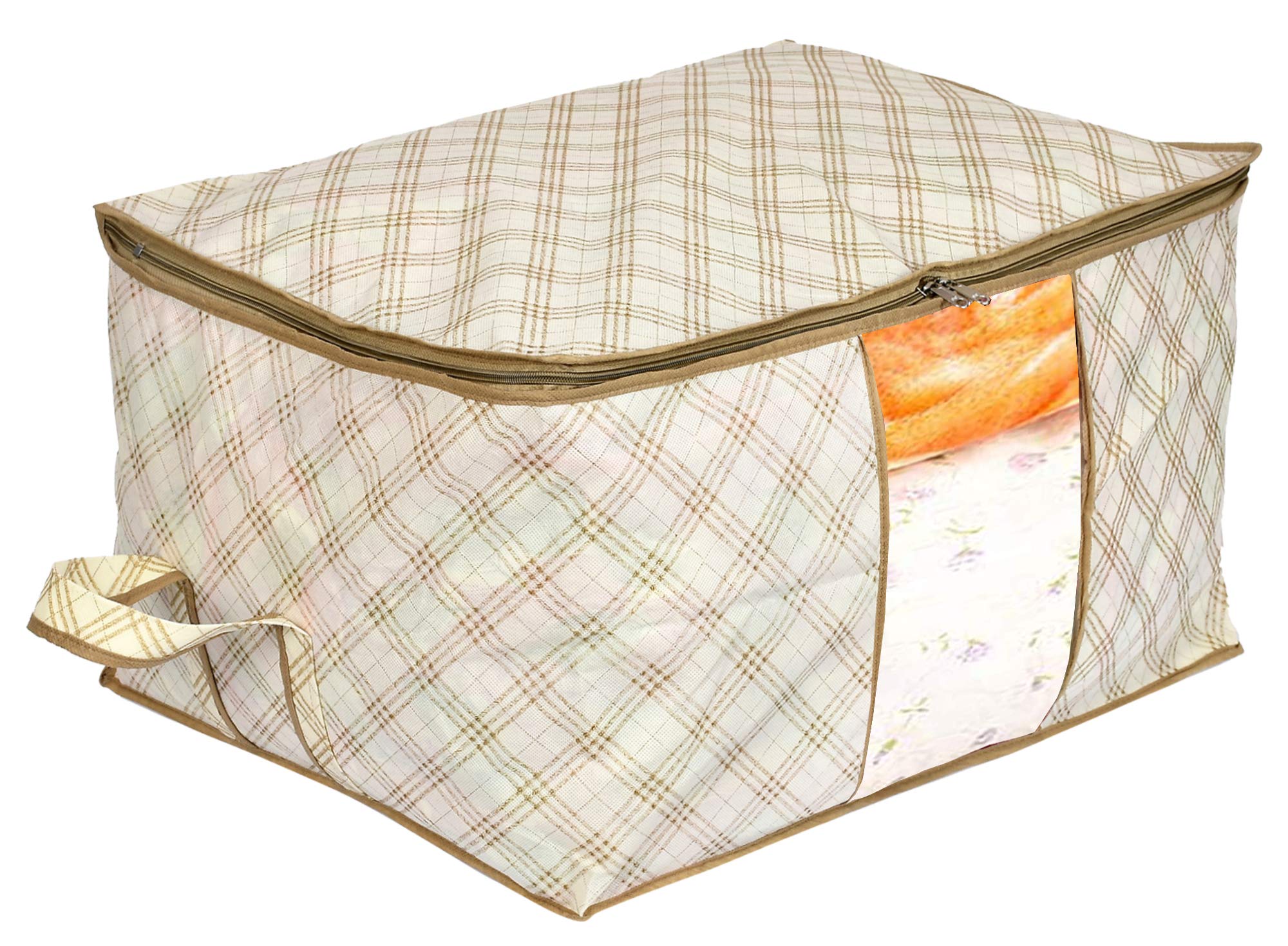 Kuber Industries Metallic Checkered Print Non-Woven Underbed Bag|Storage Organiser|Blanket Cover with Transparent Window|Storage Bag For Clothes Large (Ivory, pack of 1)
