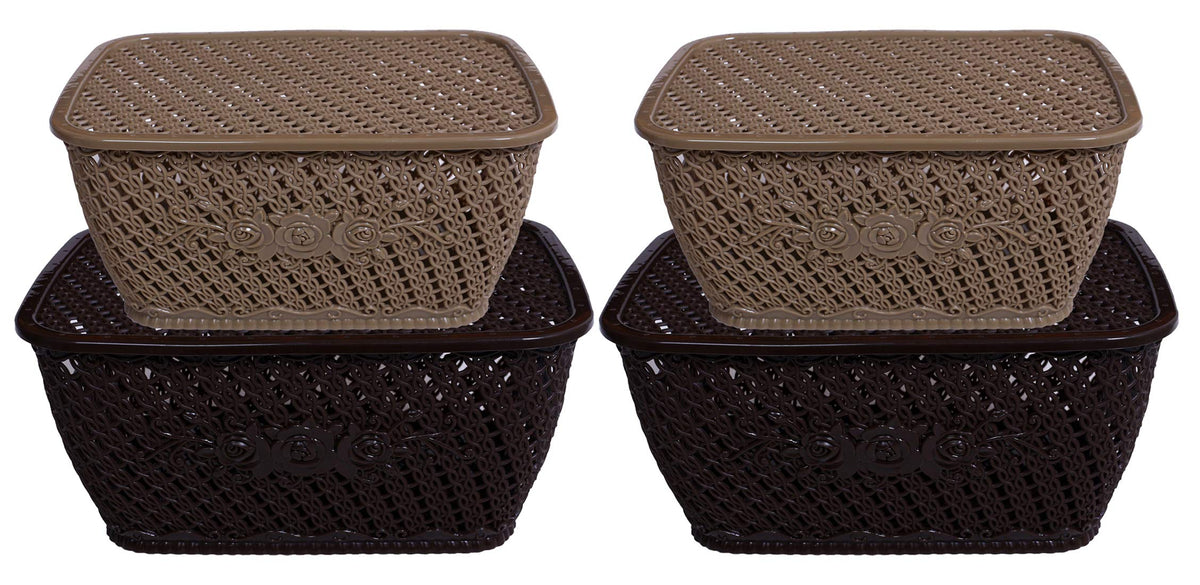 Kuber Industries Plastic 4 Pieces Small & Medium Size Multipurpose Solitaire Storage Basket for Kitchen, Office, Bedroom, Bath Room with Lid (Brown & Coffee) CTKTC34386