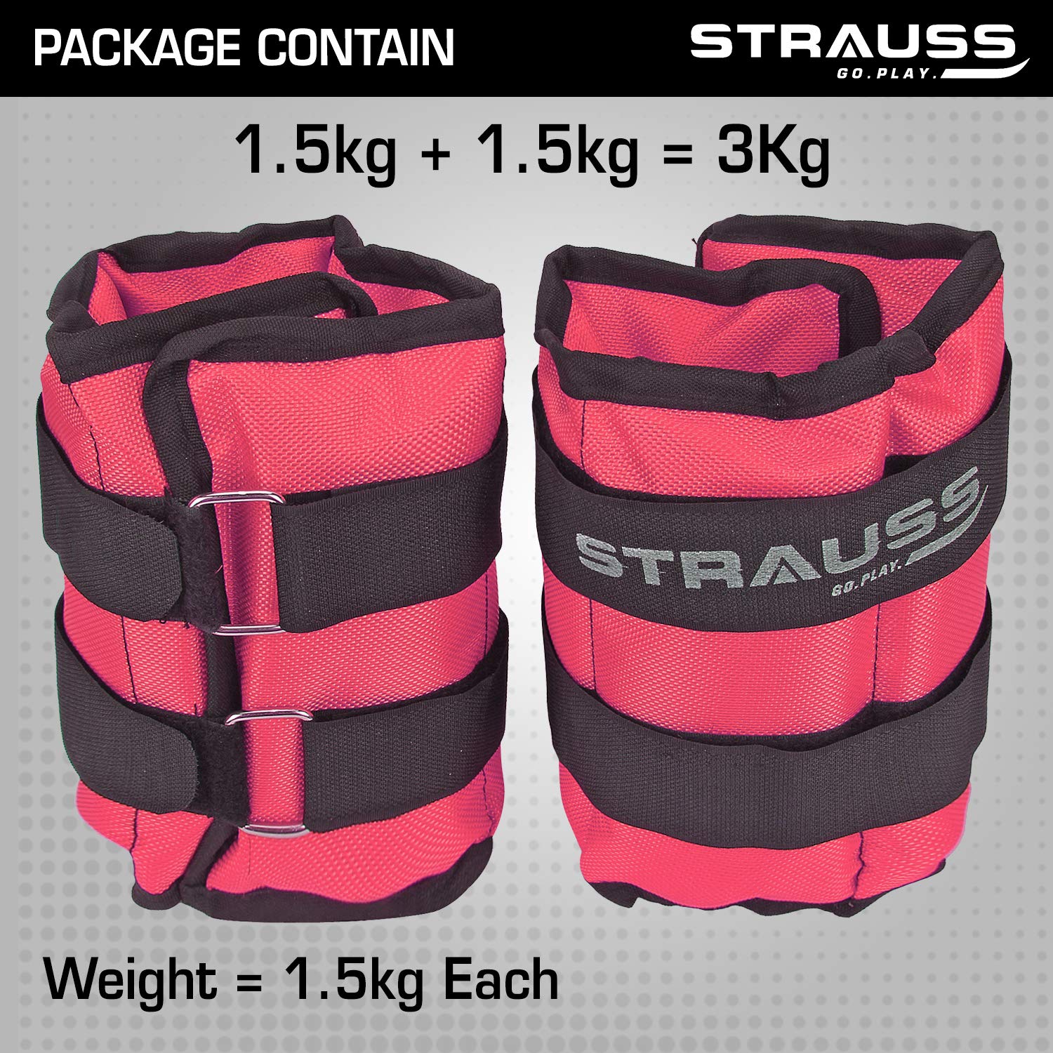 Strauss Adjustable Ankle/Wrist Weights 1.5 KG X 2 | Ideal for Walking, Running, Jogging, Cycling, Gym, Workout & Strength Training | Easy to Use on Ankle, Wrist, Leg, (Pink)