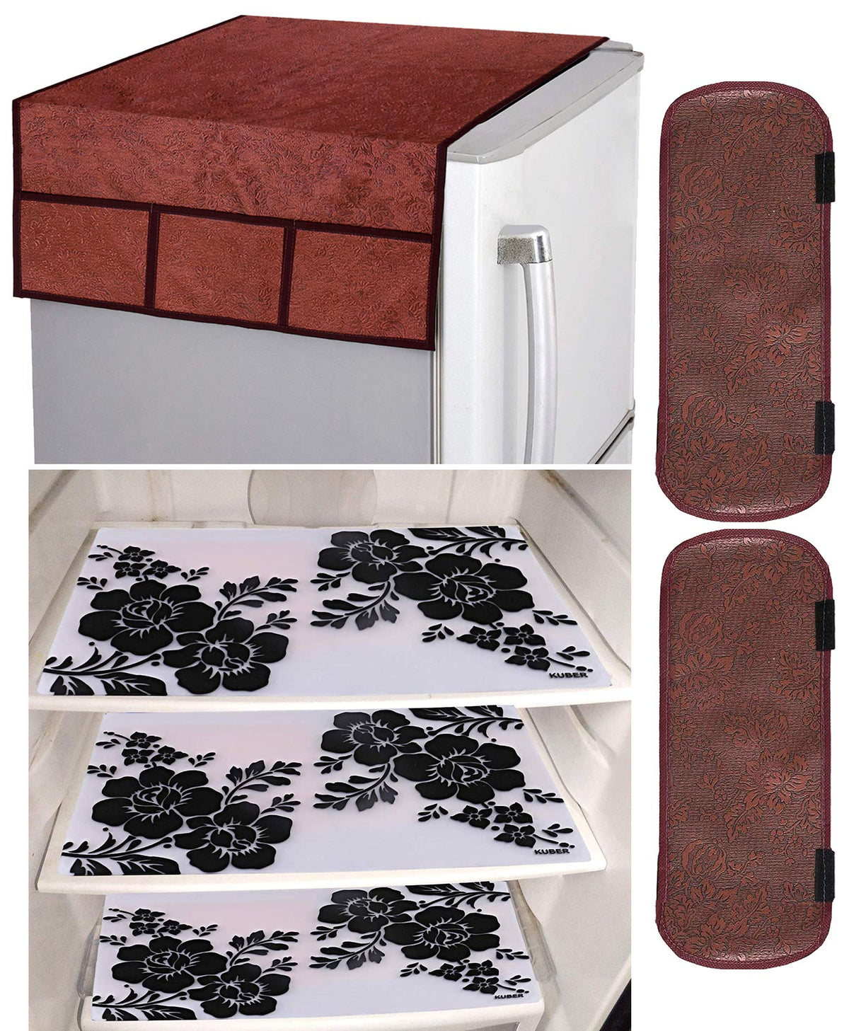 Kuber Industries Flower Design 3 Pieces PVC Fridge Mats,2 Piece Handle Cover and 1 Piece Fridge Top Cover (Maroon) - CTKTC039667