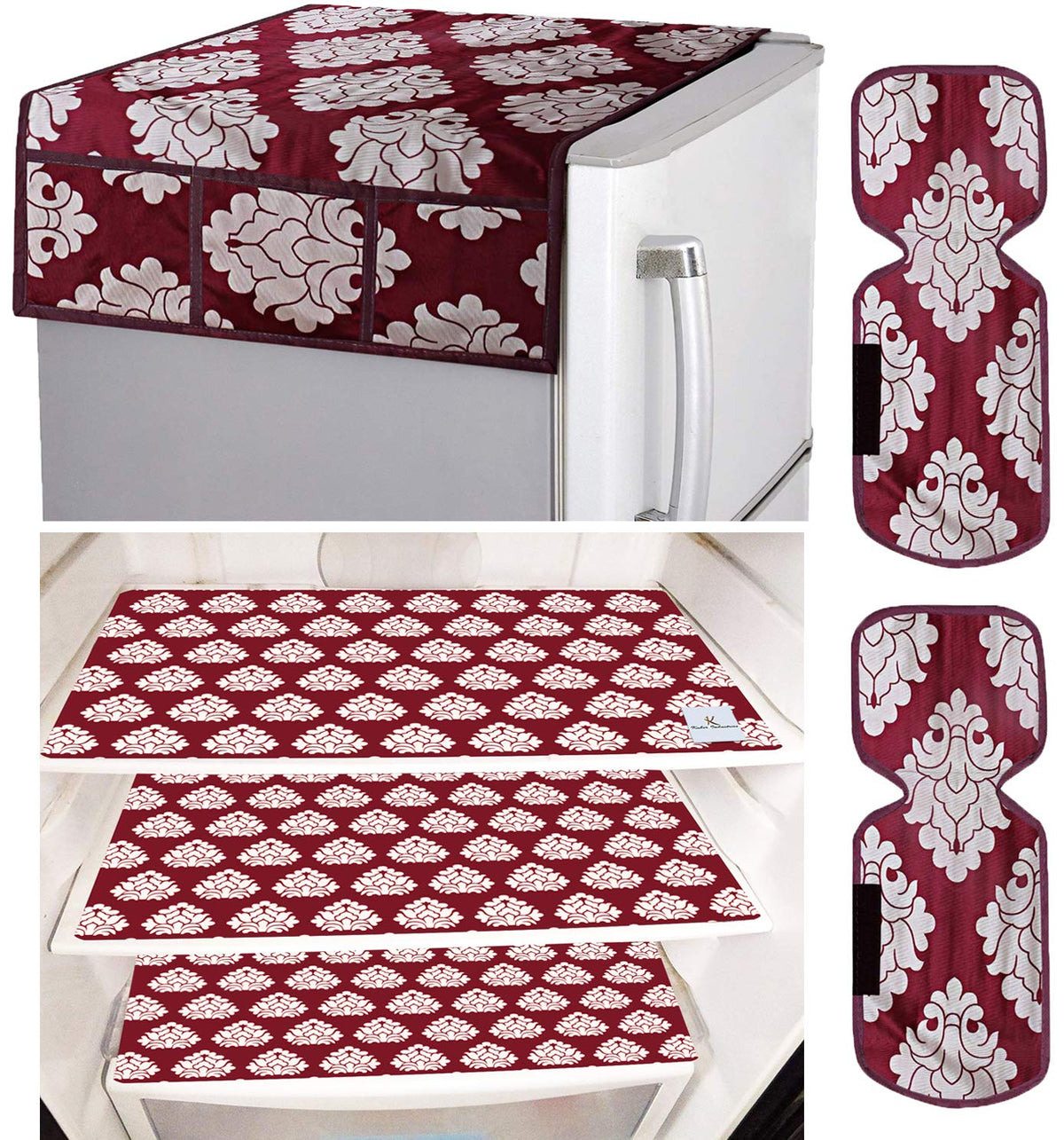 Kuber Industries Fridge Appliance Set|Flower Design & PVC Material|3 Pieces Fridge Mats|1 Piece Fridge Top Cover, Set of 1 (Maroon)-CTKTC33659, Polyvinyl Chloride