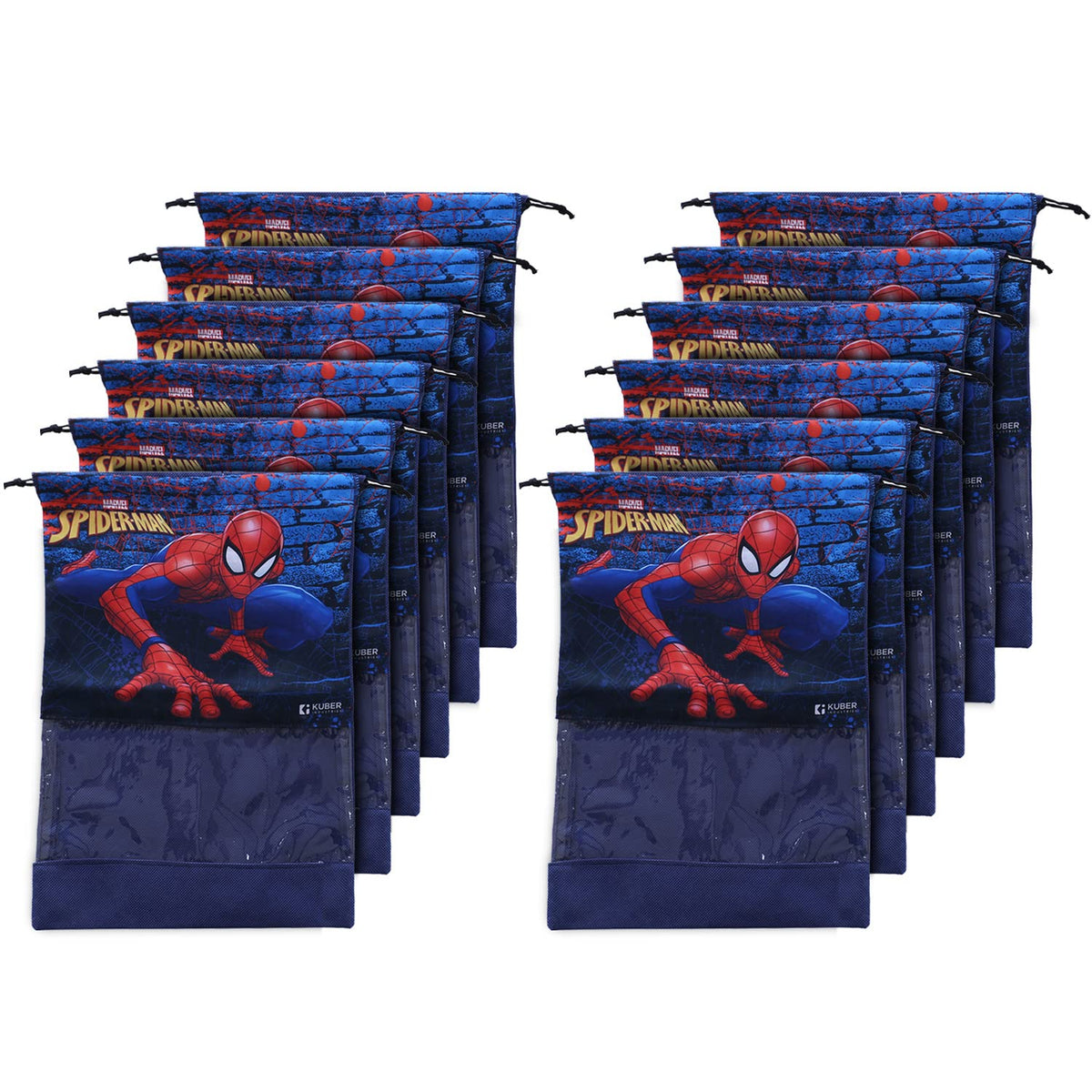 Kuber Industries Marvel Spider Man Print Shoe Cover| Non-Woven Dust Proof Shoe Bag|Drawstring Sneakers Organizer & Transparent Front,Pack of 12 (Navy Blue)
