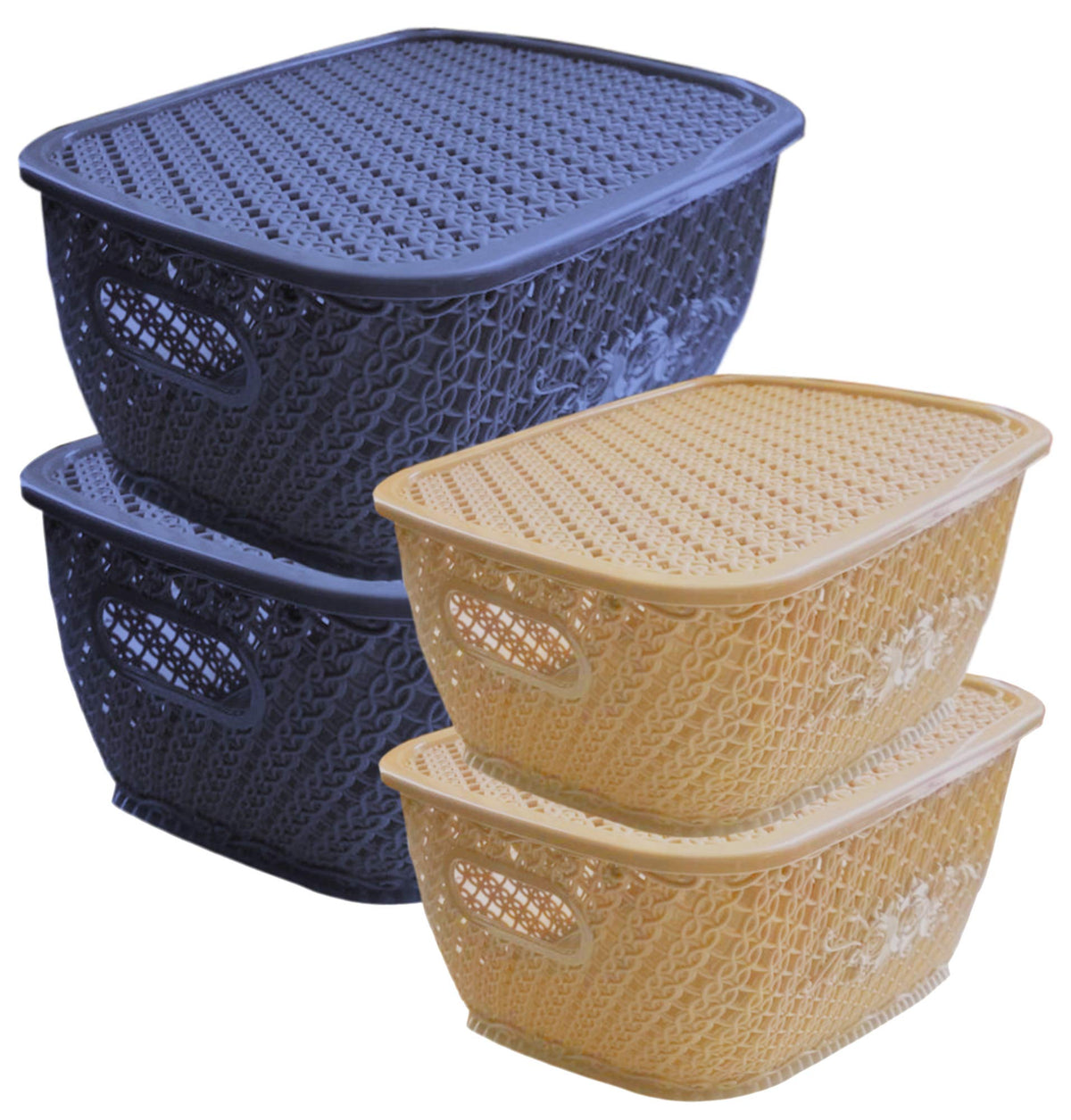 Kuber Industries Plastic 4 Pieces Small & Medium Size Multipurpose Solitaire Storage Basket for Kitchen, Office, Bedroom, Bath Room with Lid (Grey & Cream) CTKTC034397