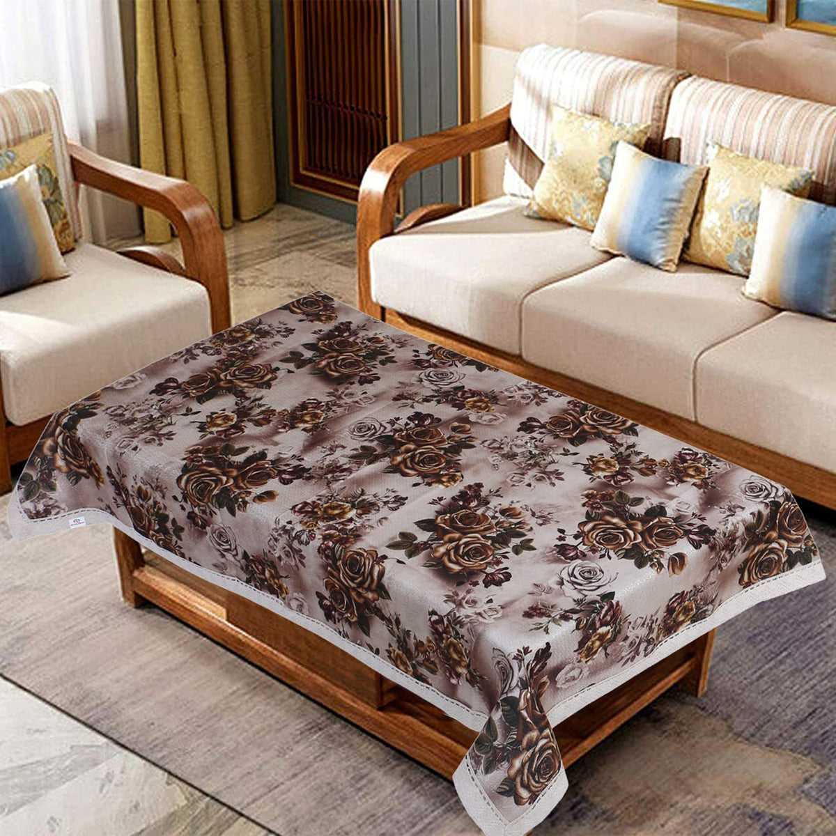 Heart Home Center Table Cover|Luxurious Gold Rose Pattern Faux Silk Tablecloth|Slip Resistant Protector Table Top Cover with Jutelace Border, 40x60 Inch (Gold)