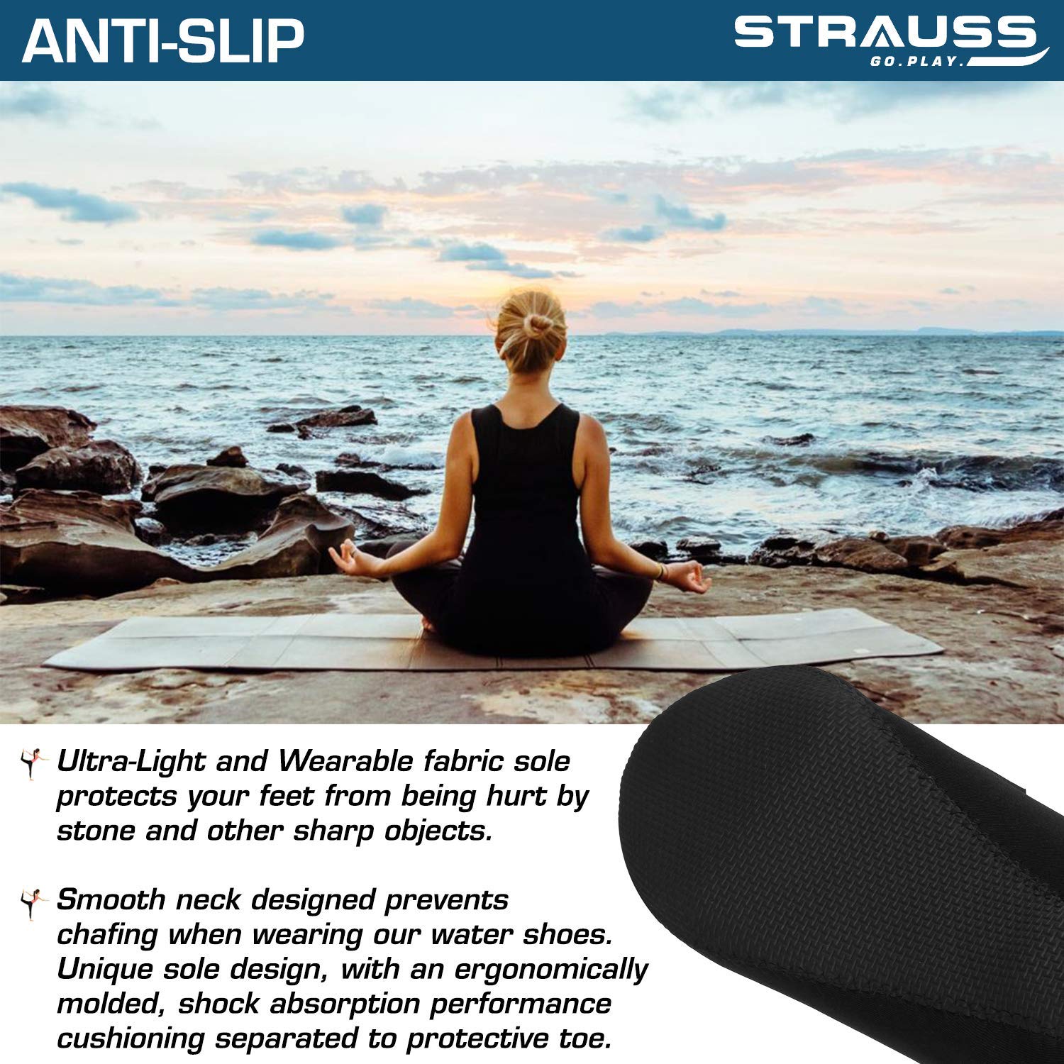 Strauss Anti Skid TPE Yoga Mat with Carry Strap, 6mm, (Black