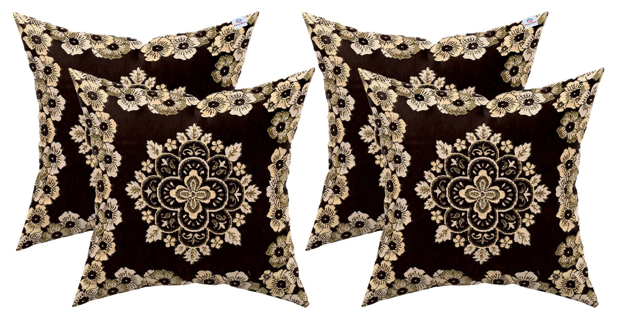 Heart Home Velvet Flower Design Soft Decorative Square Throw Pillow Cover, Cushion Covers, Pillow Case for Sofa Couch Bed Chair 16x16 Inch- Pack of 4(Brown)