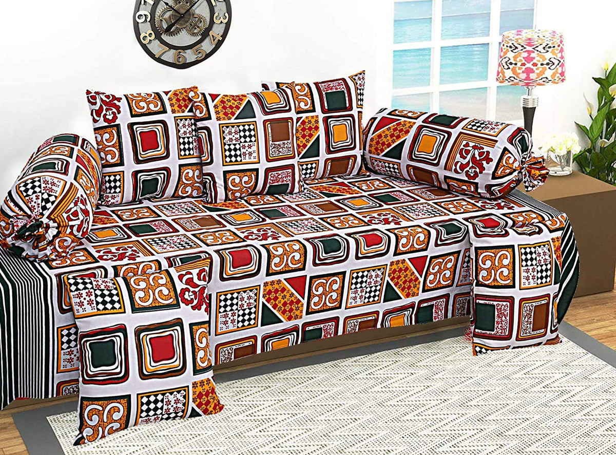 Kuber Industries Leaf Design 8 Piece Cotton Diwan Set, Cream and Orange - CTKTC21847