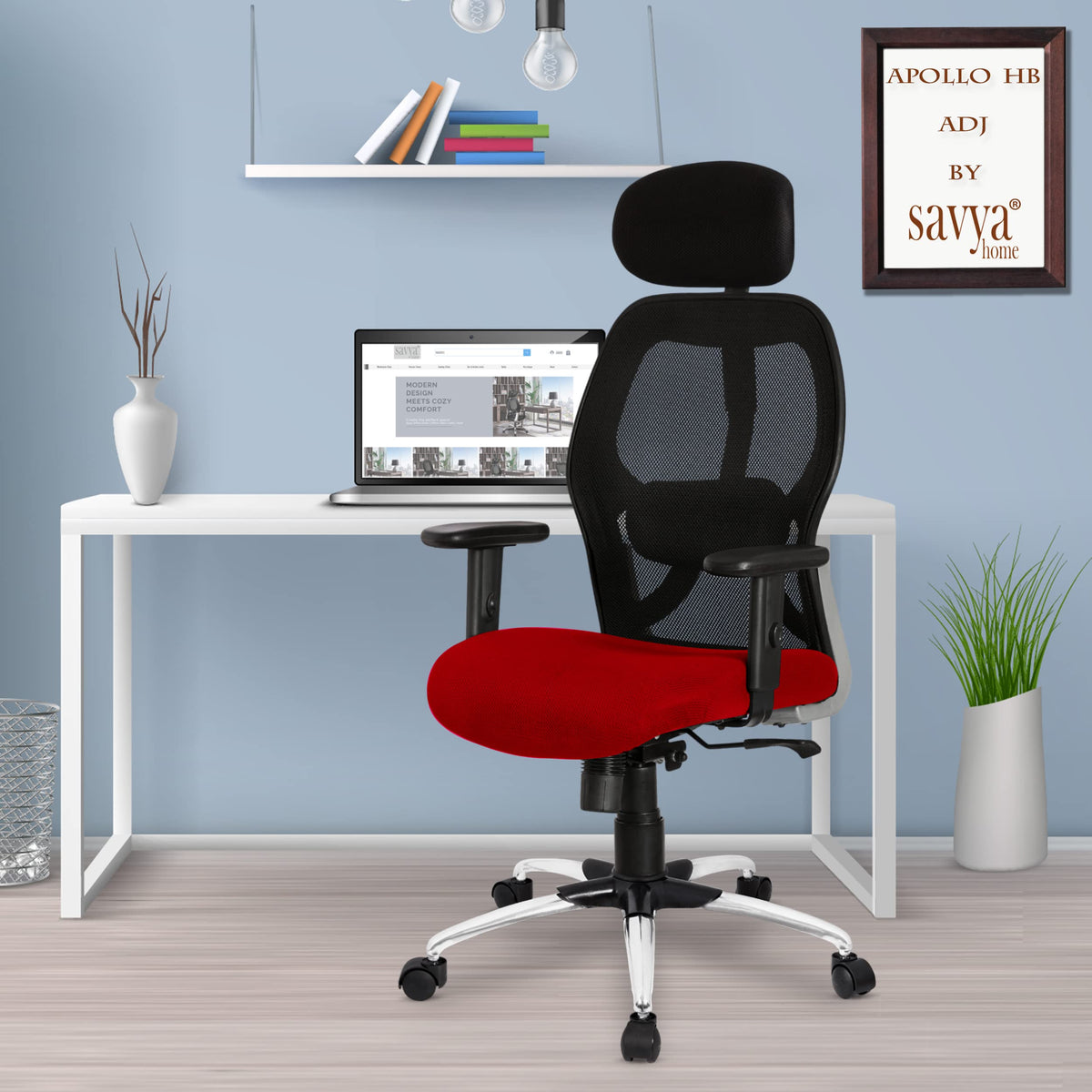SAVYA Home Apollo High Back Adj Executive Office Chair (Alloy Steel), Black, 20X20, (AM-5001HBCB adj red)