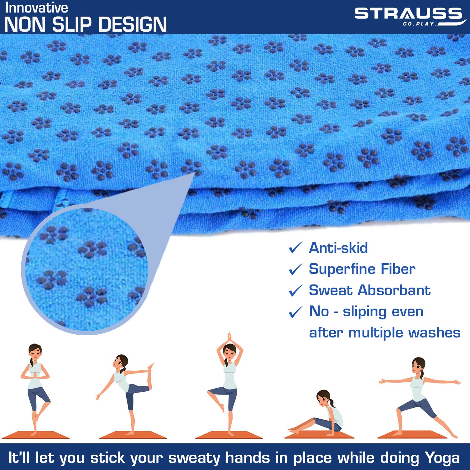 STRAUSS Anti-Slip Yoga Towel, (Blue)