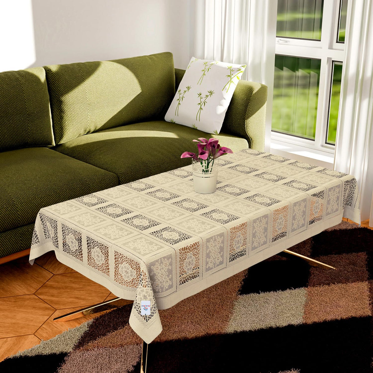 Heart Home Center Table Cover | Cotton Net Square Flower Pattern Table Cover | Luxurious Net Tablecloth | Tea Table Cover for Living room | 40x60 Inch | Cream