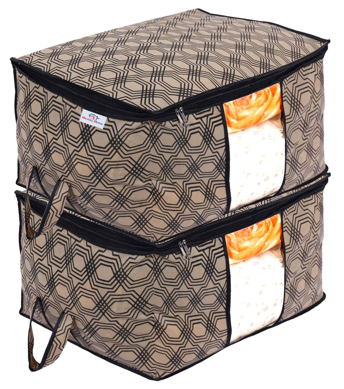 Heart Home Non-Woven Honeycomb Design Underbed|Blanket Cover With Transparent Window, Zippered & Handle, Pack of 2 (Cream)