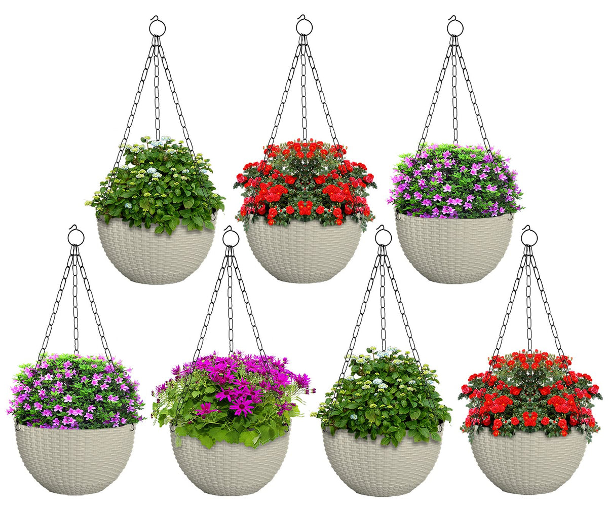 Kuber Industries Plastic Hanging Flower Pot for Balcony & Railing Set of 7 (White) 53KM3843