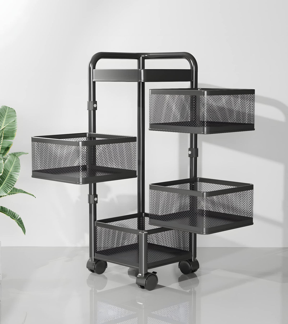 Kuber Industries 4Th Generation Square Rotating Rack|4-Layer Kitchen Trolley with 360 Rotation|Portable Storage Rack for Bathroom, Bedroom (Black)