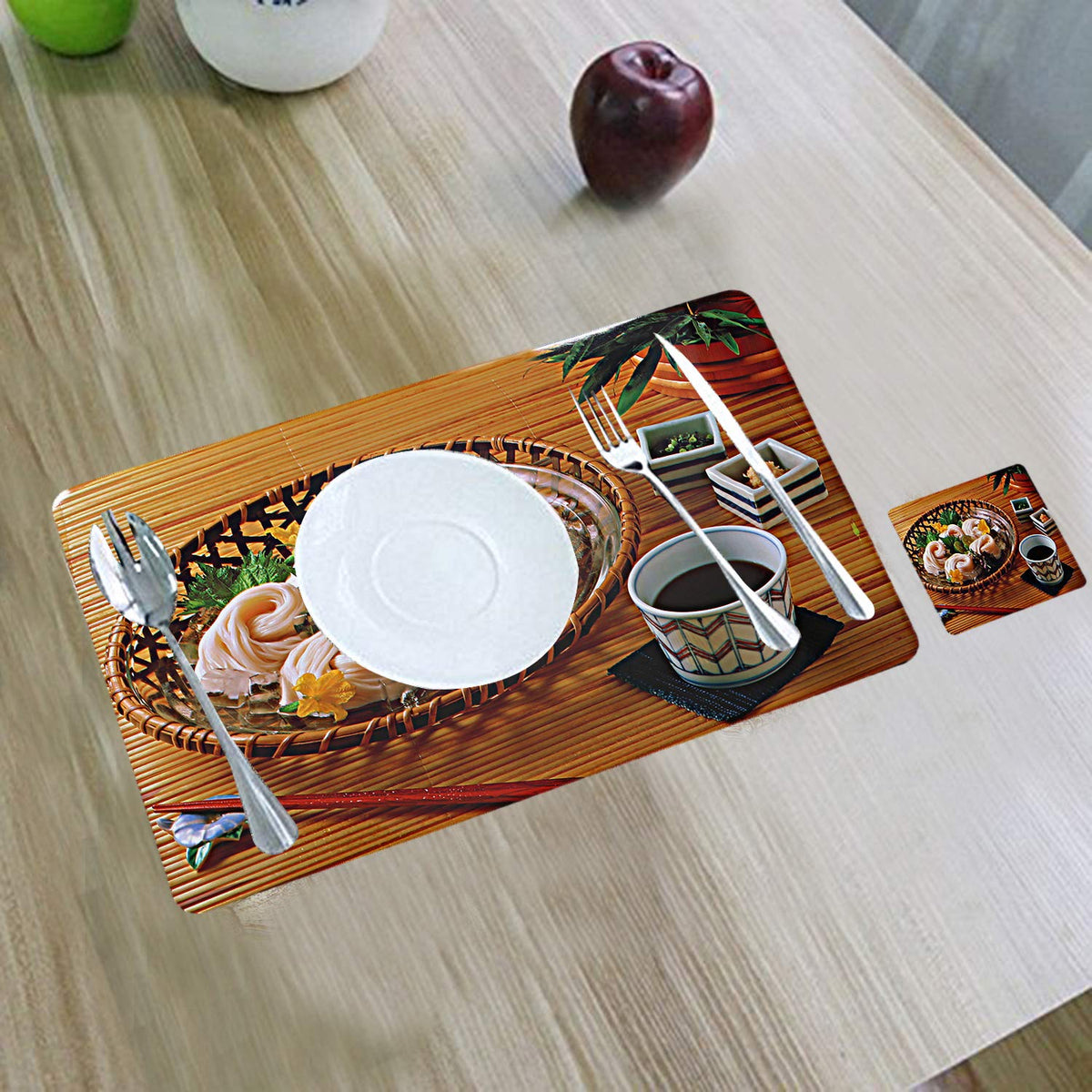Kuber Industries Basket Design PVC 6 Piece Dining Table Placemat Set with Tea Coasters - Brown
