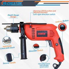 Cheston 13mm Impact Drill Machine Reversible Hammer Driver Variable Speed Screwdriver (Drill with BITS for Drilling)
