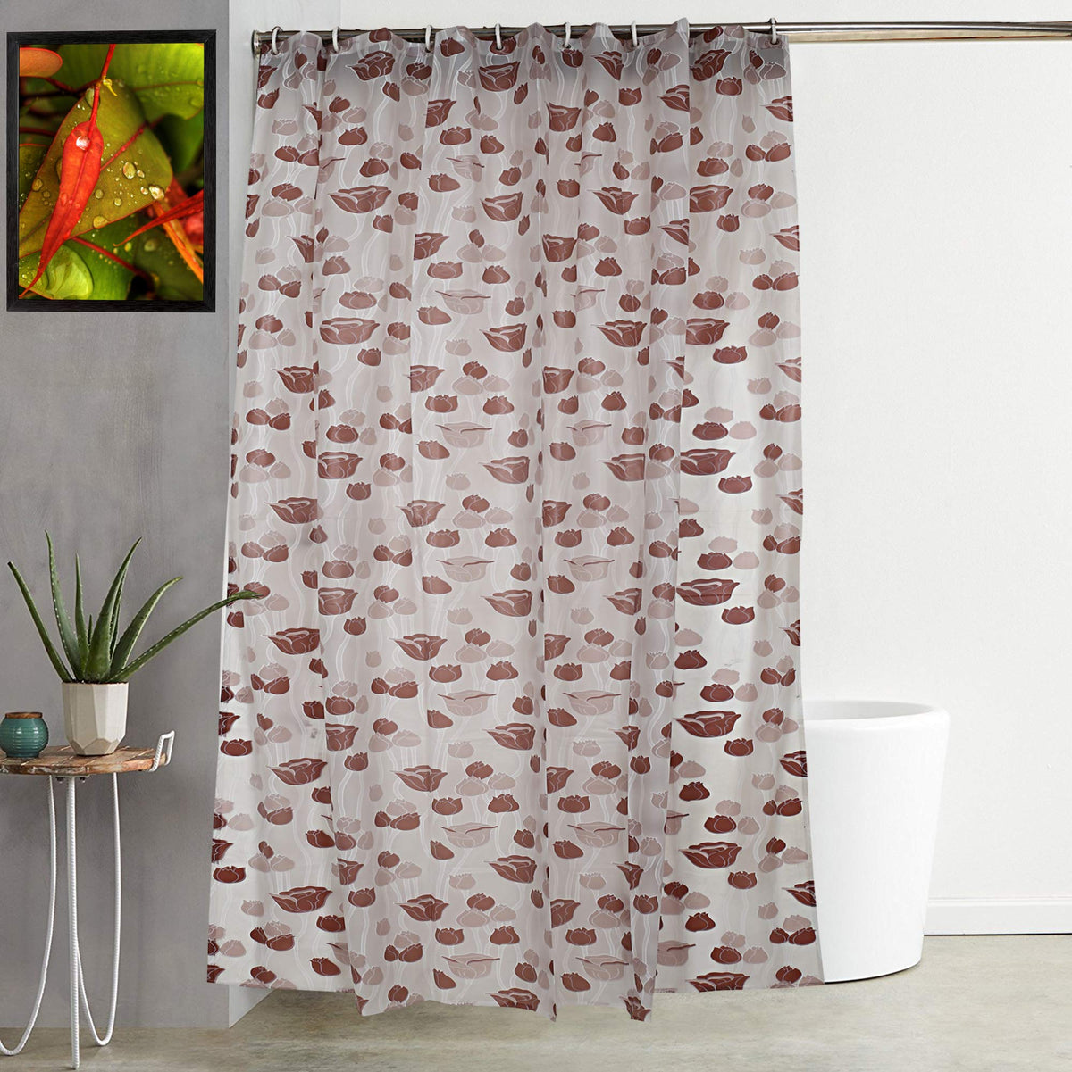 Kuber Industries PVC Floral Design Shower Curtain with Hooks (Brown)