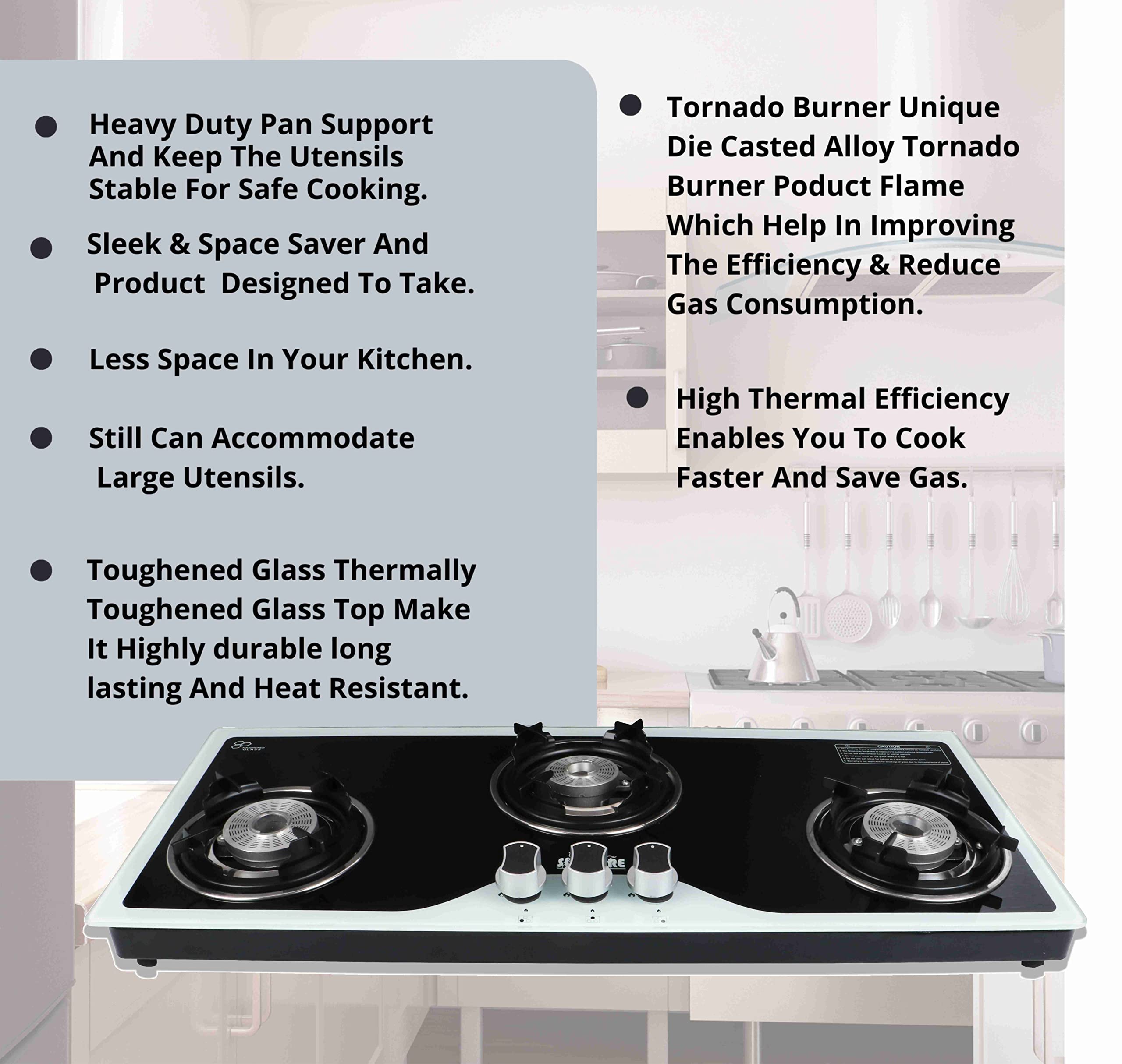 SunFlare Toughened Glass | Die Cast Alloy Tornado Burner | ISI Certified | Door Step Service Warranty | Hob Top Gas Stove 3 Burner