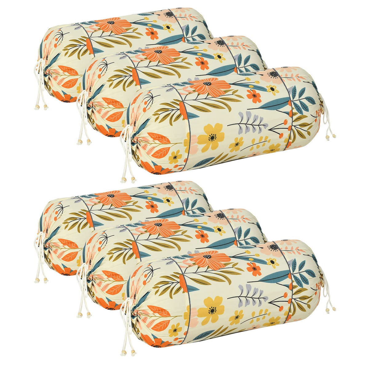 Kuber Industries Floral Print Soft & Luxurious Decorative Cotton Bolster Cover- Set of 6, 16"x32" (Cream)