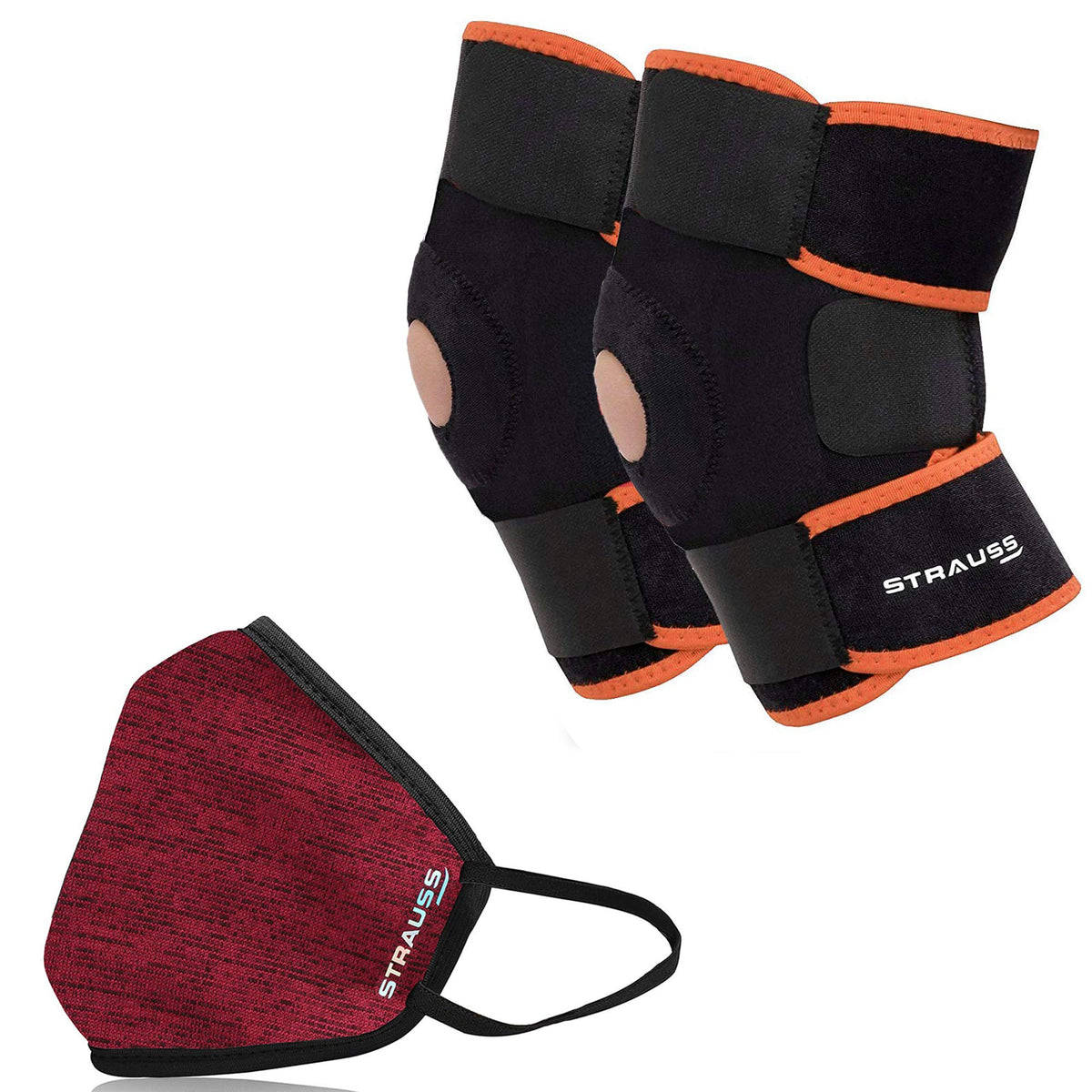 Strauss Adjustable Knee Support Patella, Free Size (Black/Orange), (Pair) With Face Protection Mask, Non Vent, Medium , (Red)