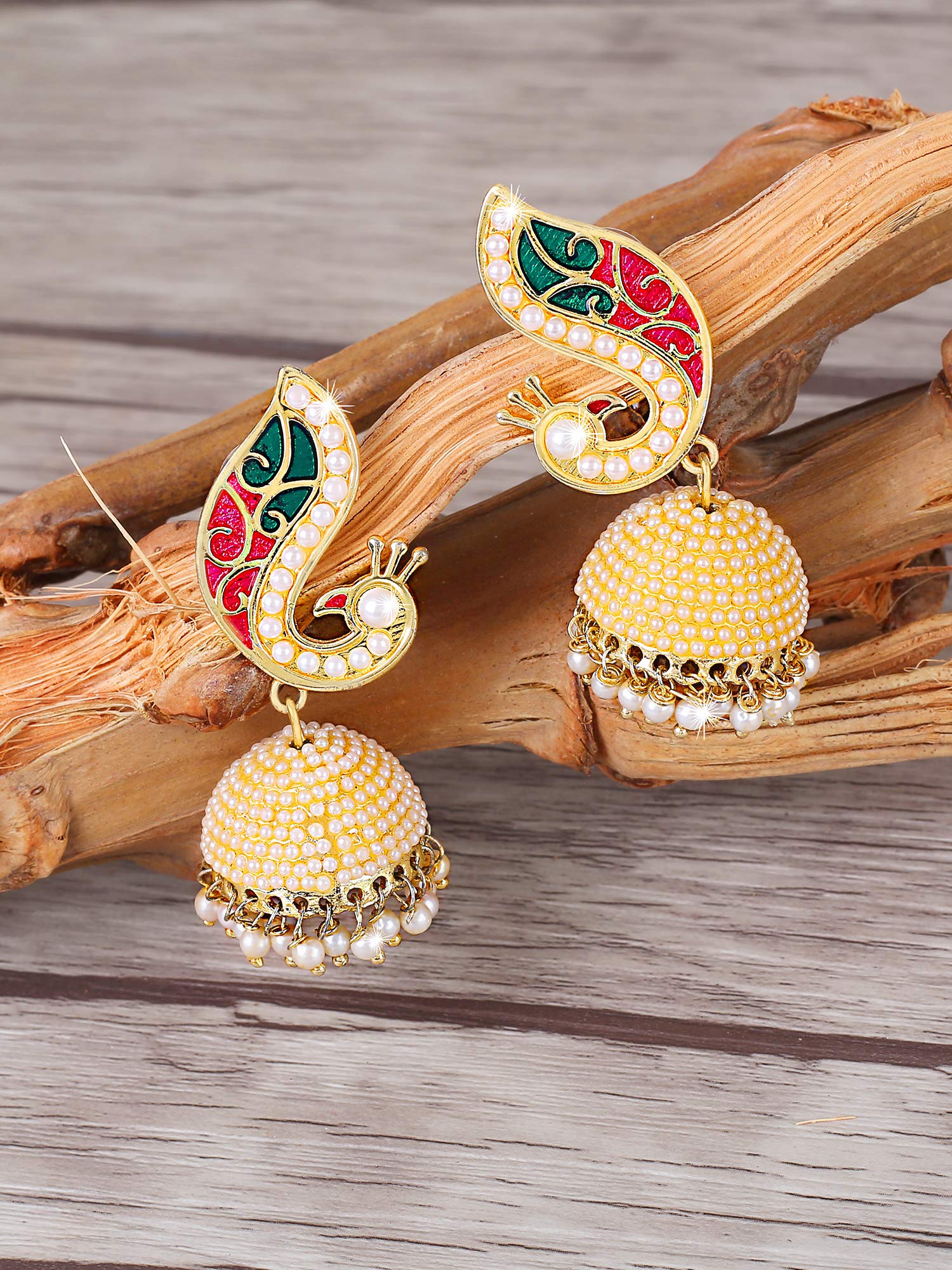 Yellow Chimes White, Golden Copper gold-plated Traditional Pearl Moti Jhumka Earrings for Women and Girls