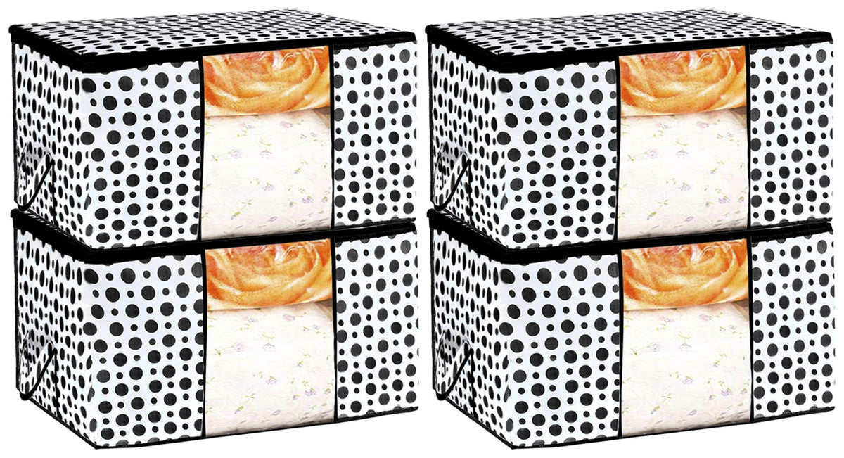 Kuber Industries Polka Dots Design Non Woven 4 Pieces Underbed Storage Bag, Cloth Organiser, Blanket Cover with Transparent Window (Black & White) -CTKTC038111