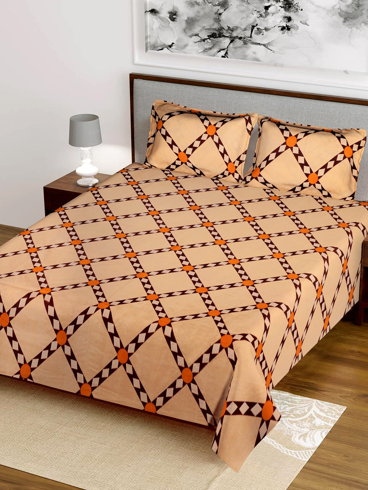 Heart Home Check Printed Luxurious Soft Breathable & Comfortable Glace Cotton Double Bedsheet with 2 Pillow Covers (Autumn Orange)-HS43HEARTH26803