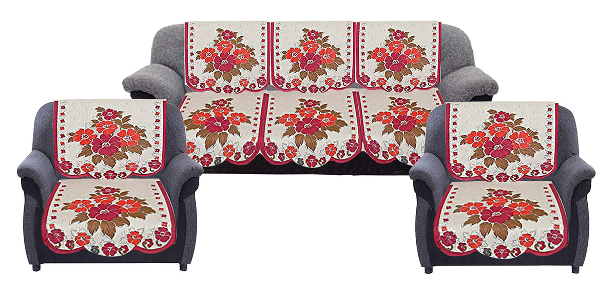 Kuber Industries Floral 6 Piece Cotton Sofa Cover Set, Cream & Pink
