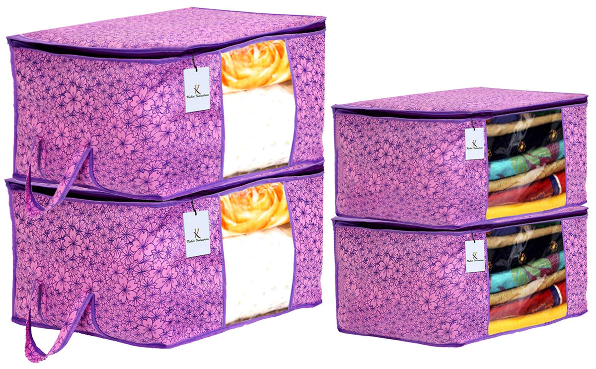 Kuber Industries Metallic Printed Non Woven 2 Pieces Saree Cover and 2 Pieces Underbed Storage Bag, Cloth Organizer for Storage, Blanket Cover Combo Set (Pink & Purple) -CTKTC038571