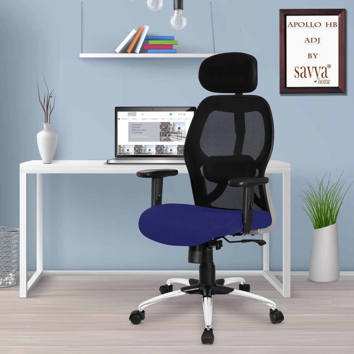 SAVYA HOME Apollo High Back Ergonomic Office, Work from Home Chair with 2D Adjustable Armrest, 2D Lumbar Support, Steel Base,Any Position Tiltlock Mechanism (Ergonomic Meshback, Blue, Qty-1)