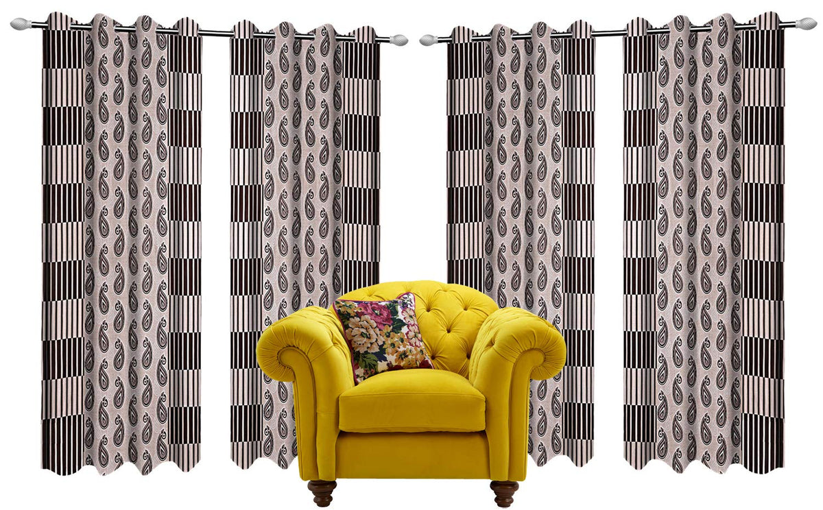 Kuber Industries Zig Zag Design Polyester 4 Pieces Eyelet Door Curtain 7 Feet (Brown)-Ctktc14537