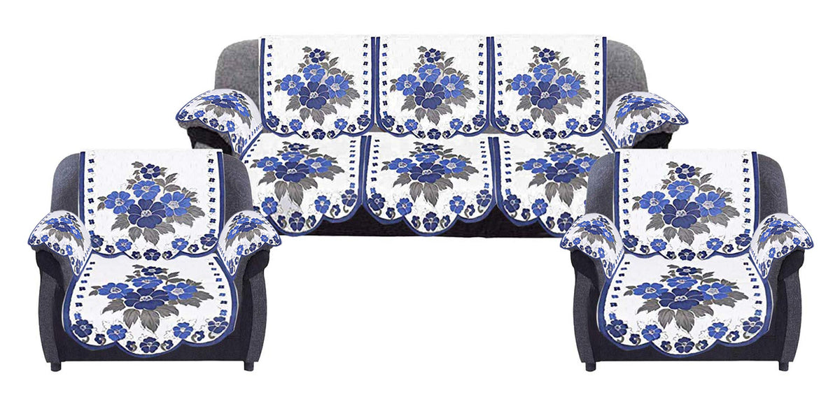 Kuber Industries Floral Design Cotton 5 Seater Sofa Cover Set with 6 Pieces Arms Cover KUBMART11972, 178 x 74 x 1 cm - Set of 16 (White and Blue)