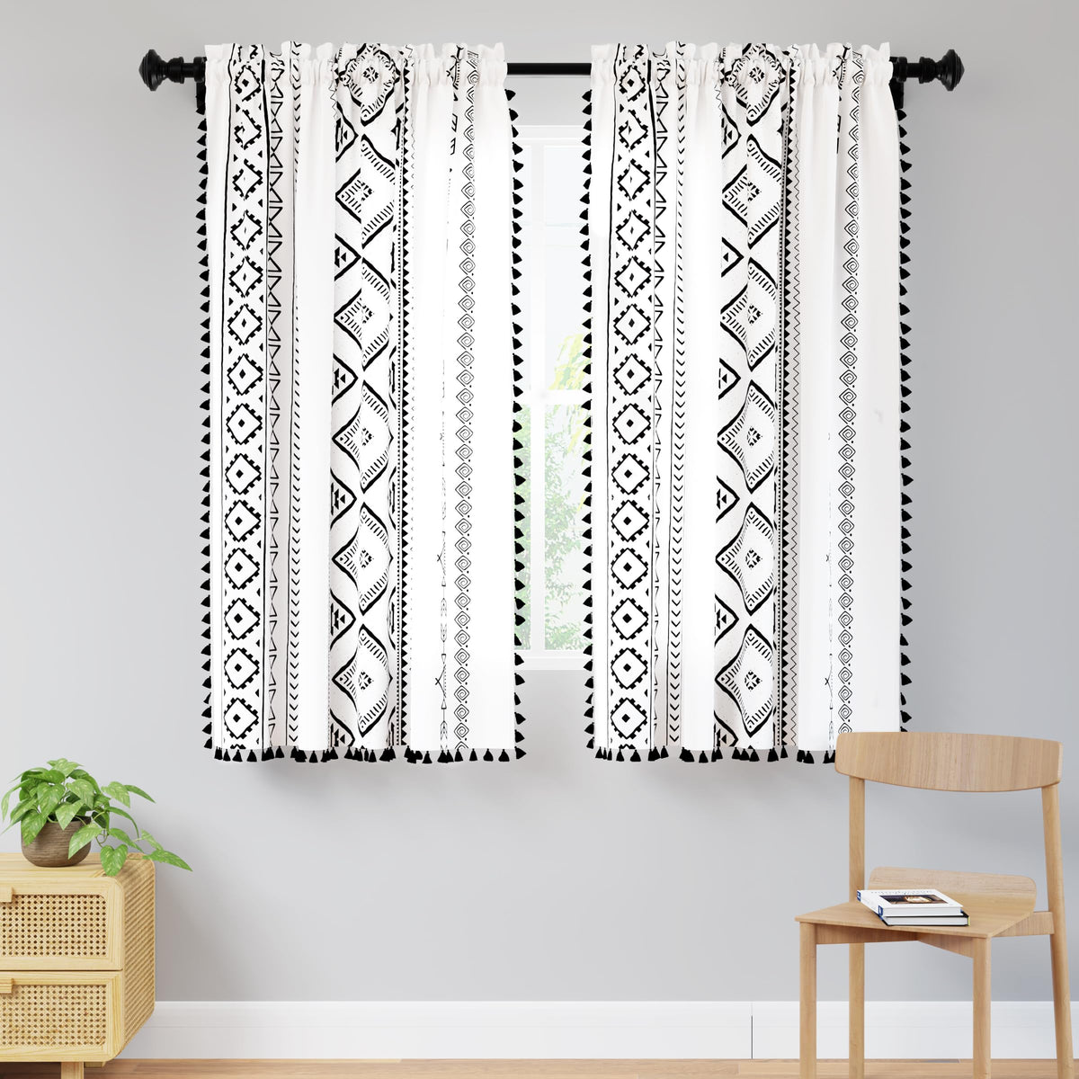 Encasa Boho Semi Sheer Curtains for Window in Bedroom & Living Room (Set of 2), Curtain with Tassels & Bohemian Design - 5 ft