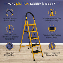 Plantex Premium GI Steel Foldable 5-Step Ladder for Home - Wide Anti Slip 5 Step Ladder (Yellow & Black)
