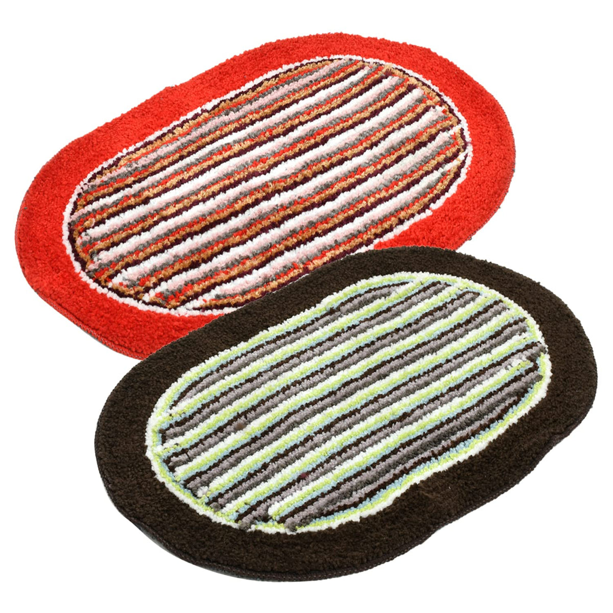 Heart Home Strips Design Soft Cotton Machine Washable Doormat, BathMat- Pack of 2 (Brown & Green & Red)-50HH01918