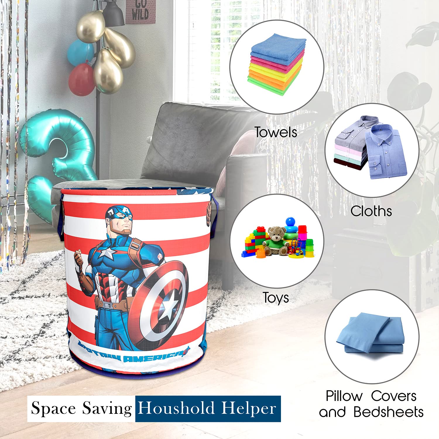 Heart Home Marvel Captain America Print Round Laundry Basket