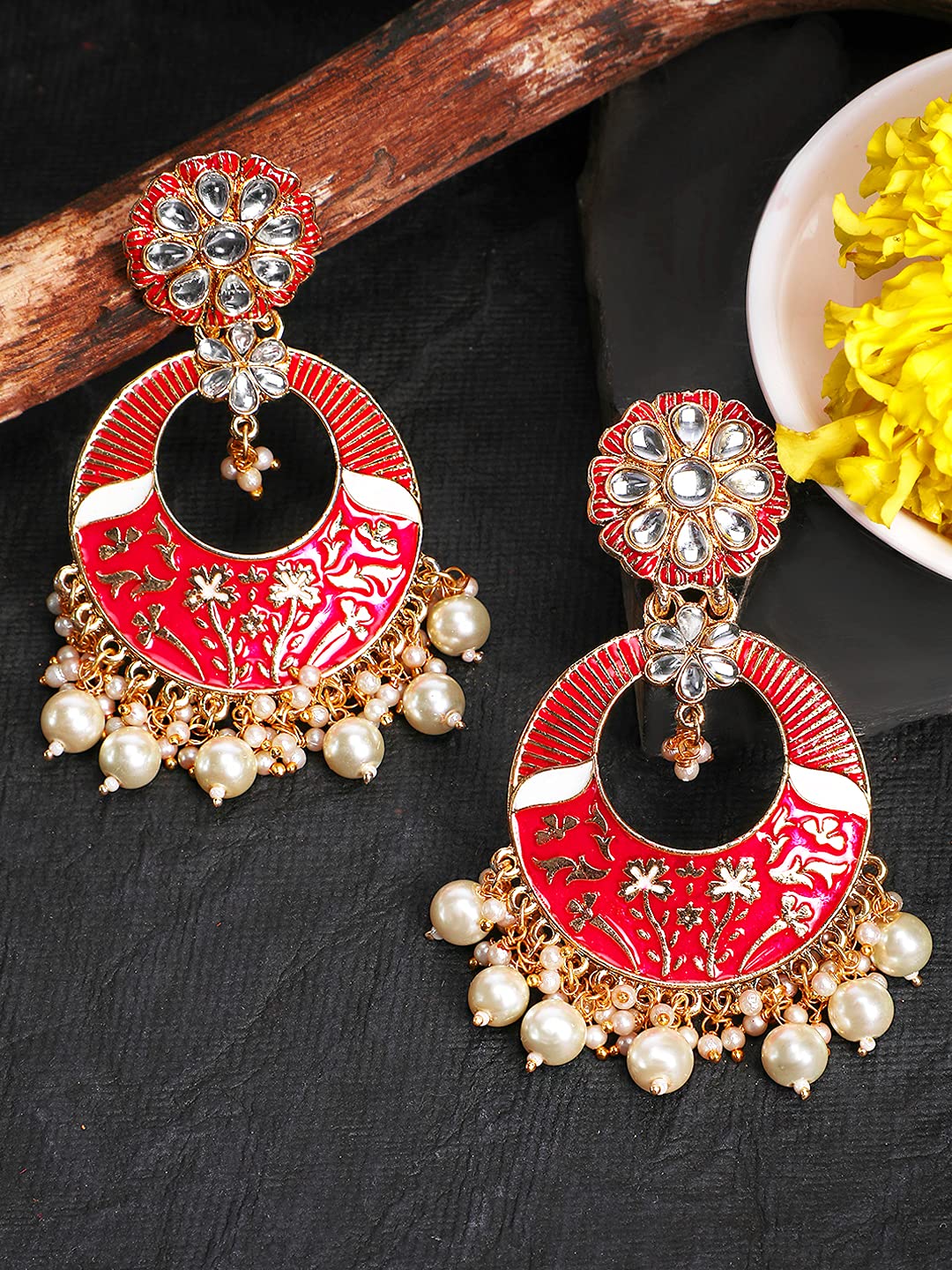 Yellow Chimes Ethnic Gold Plated Traditional Kundan Studded Moti Beads Pink Meenakari Design Chandbali Earrings for Women and Girls, Medium (YCTJER-94MNKCNH-PK)