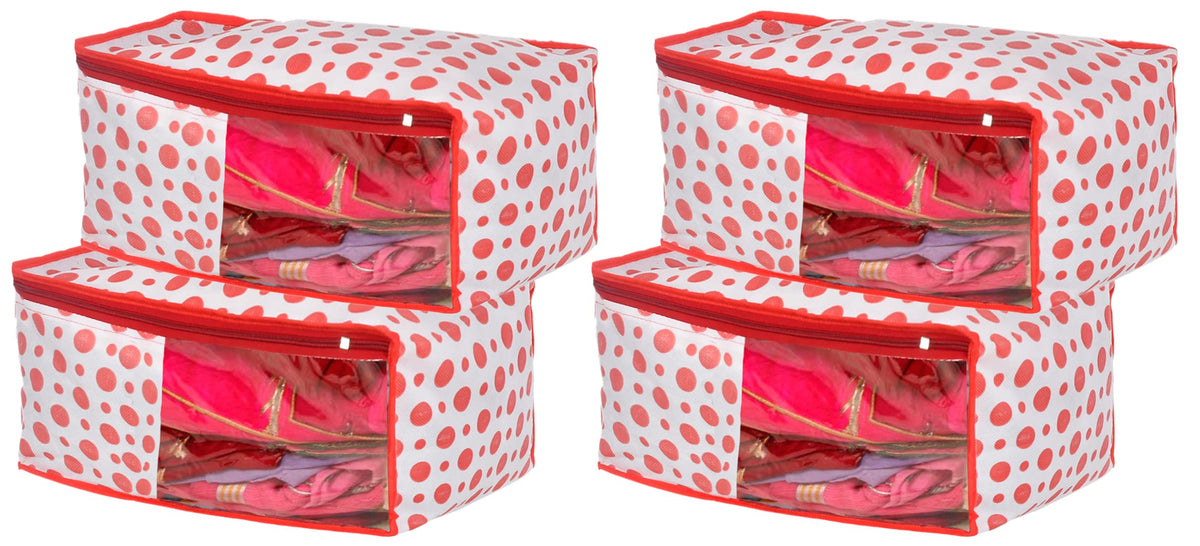 Kuber Industries Dot Printed Foldable, Lightweight Non-Woven Blouse Cover/Organizer With Tranasparent Window- Pack of 4-46KM0299, Pink