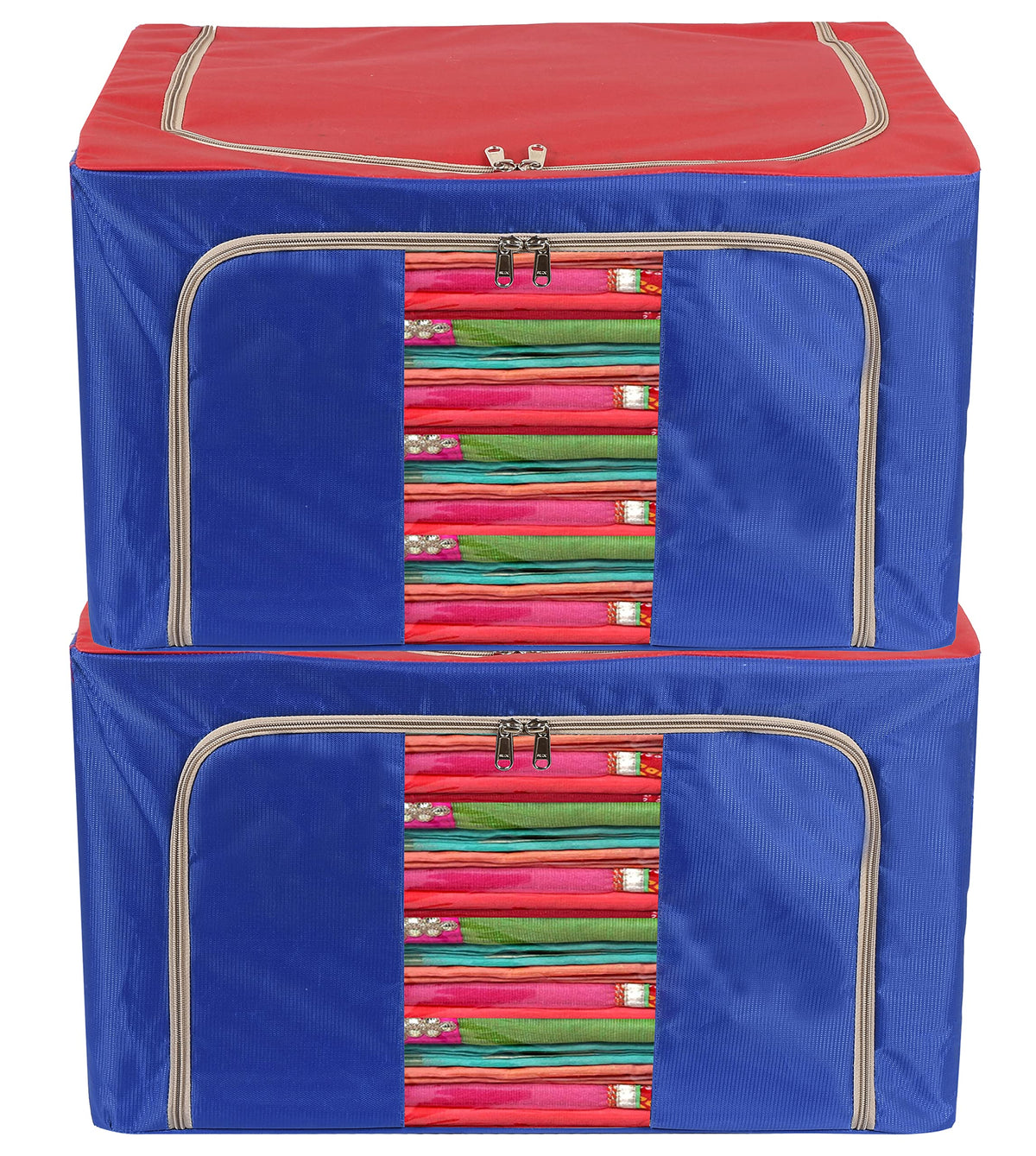 Kuber Industries Steel Frame Living Box, Closet Organizer, Cloth Storage Boxes for Wardrobe With Clear Window, 24Ltr.- Pack of 2 (Red & Blue)-44KM0288