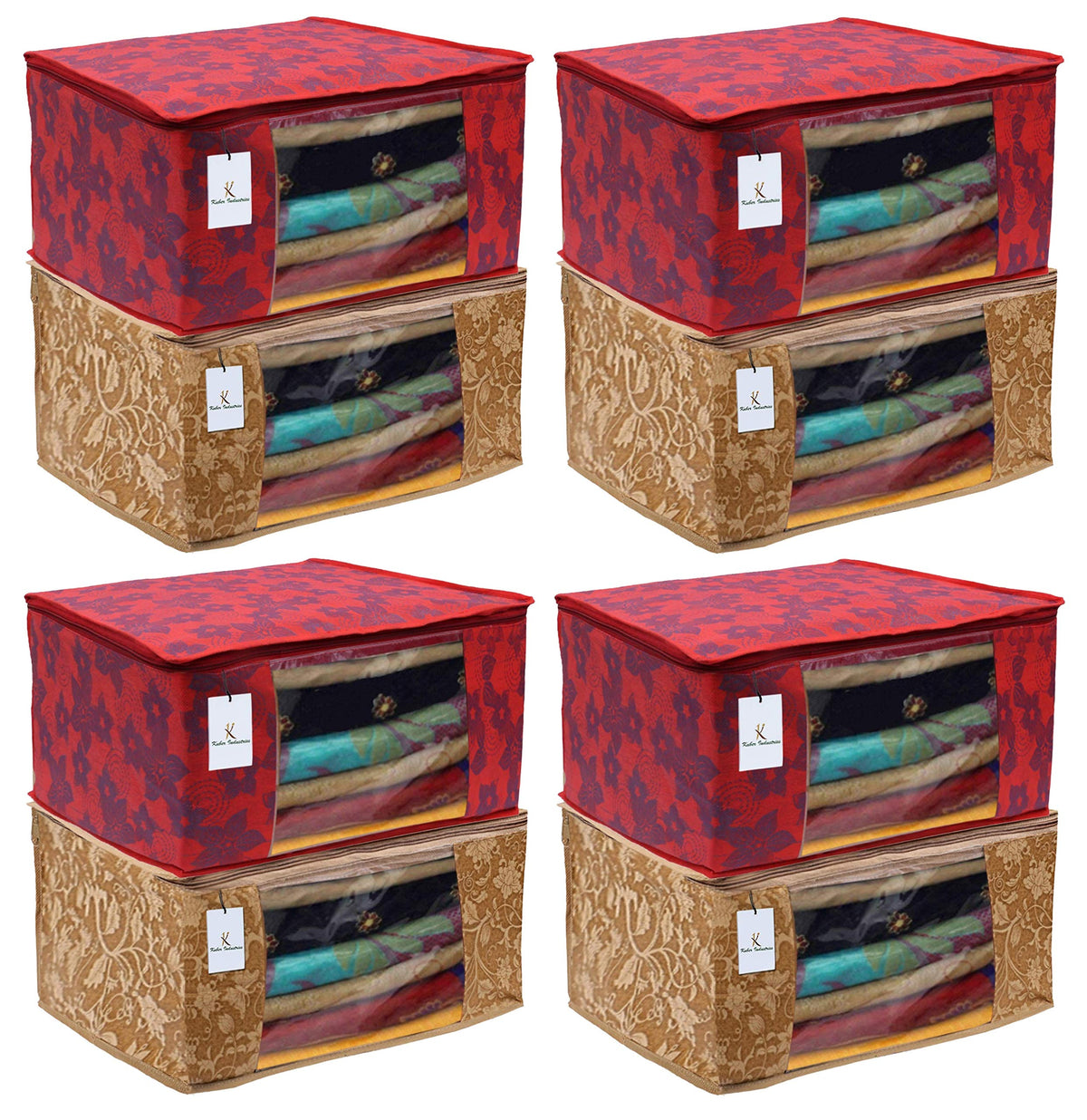 Kuber Industries Metalic Printed 8 Piece Non Woven Fabric Saree Cover Set with Transparent Window, Extra Large, Beige & Red -CTKTC040908