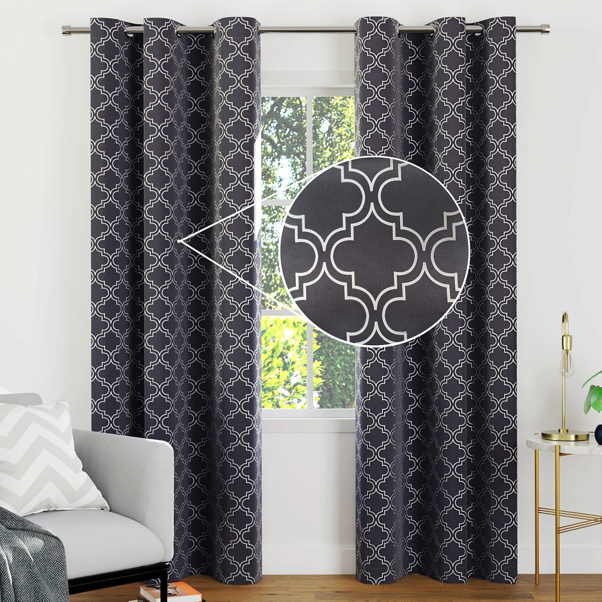 Encasa Homes Room Darkening Blackout Polyester Curtains 2 Panels Silver Foil Printed Plain Colours with Grommet, 85% Light Blocking, Sound and Heat Reducing (7 ft , Trellis Grey)